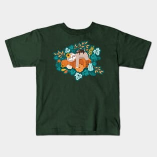 Sloths in pumpkin mood // spot // green background orange teal and aqua autumnal pumpkins fall leaves shepherd’s check yellow sunflowers Kids T-Shirt